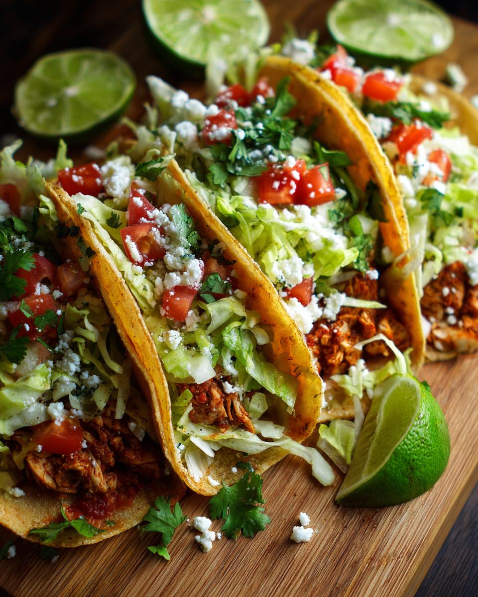 Close-up of Spicy Chipotle Chicken Tacos with lettuce, tomatoes, cheese, cilantro, and lime wedges on a wooden board.
