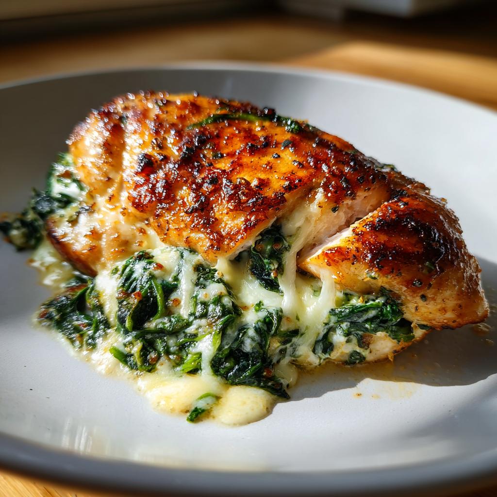 Close-up of a juicy Spinach & Cheese Stuffed Chicken breast, with melted cheese oozing out.