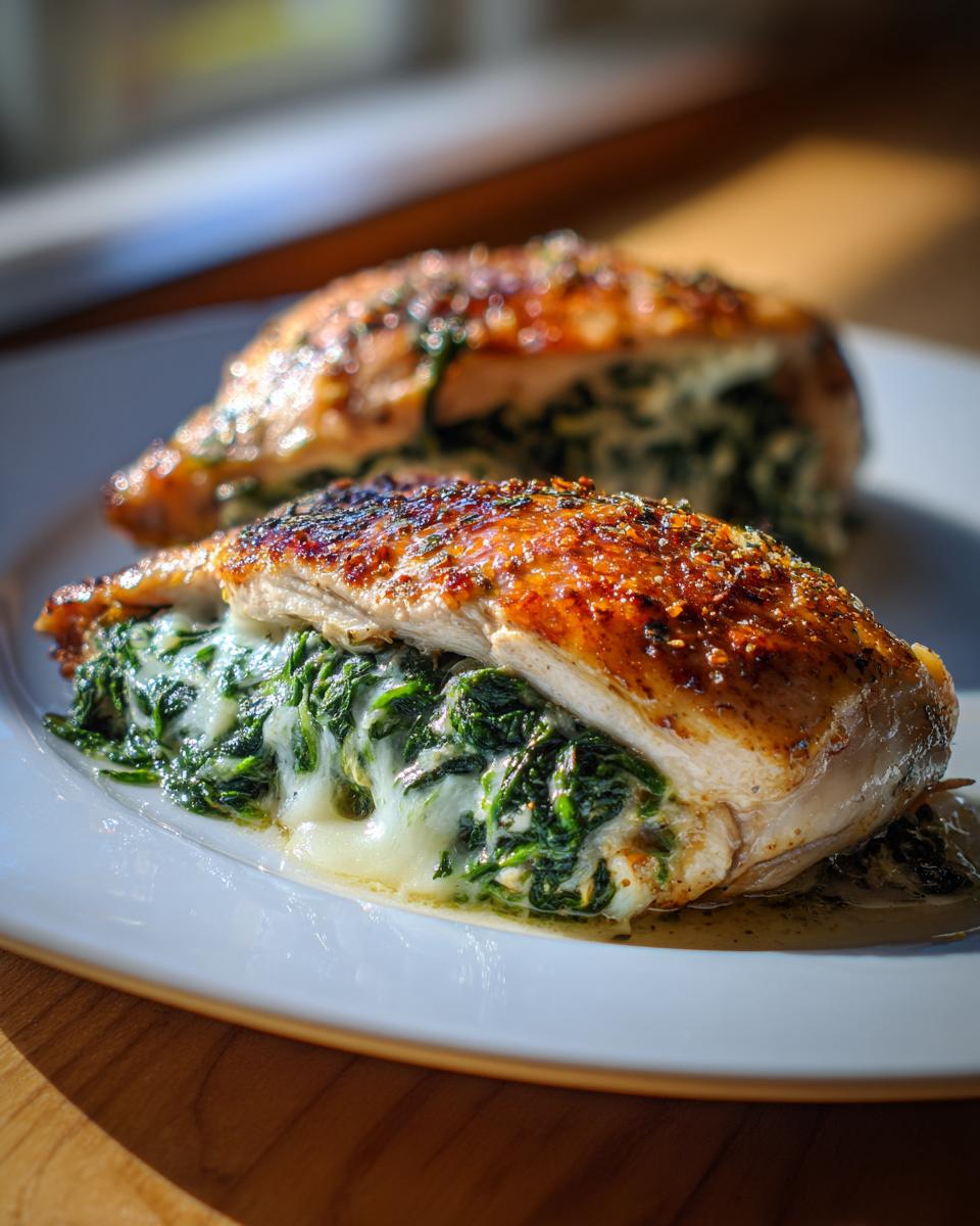 Close-up of a golden-brown Spinach & Cheese Stuffed Chicken breast, with melted cheese oozing out.