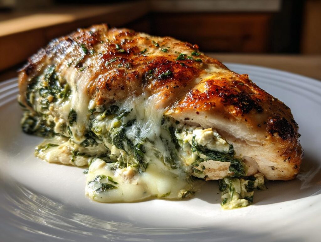 Close-up of a juicy Spinach & Cheese Stuffed Chicken breast, with melted cheese oozing out.