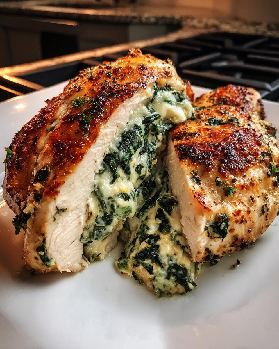 Close-up of a juicy Spinach & Cheese Stuffed Chicken breast, sliced to reveal creamy cheese and spinach filling.
