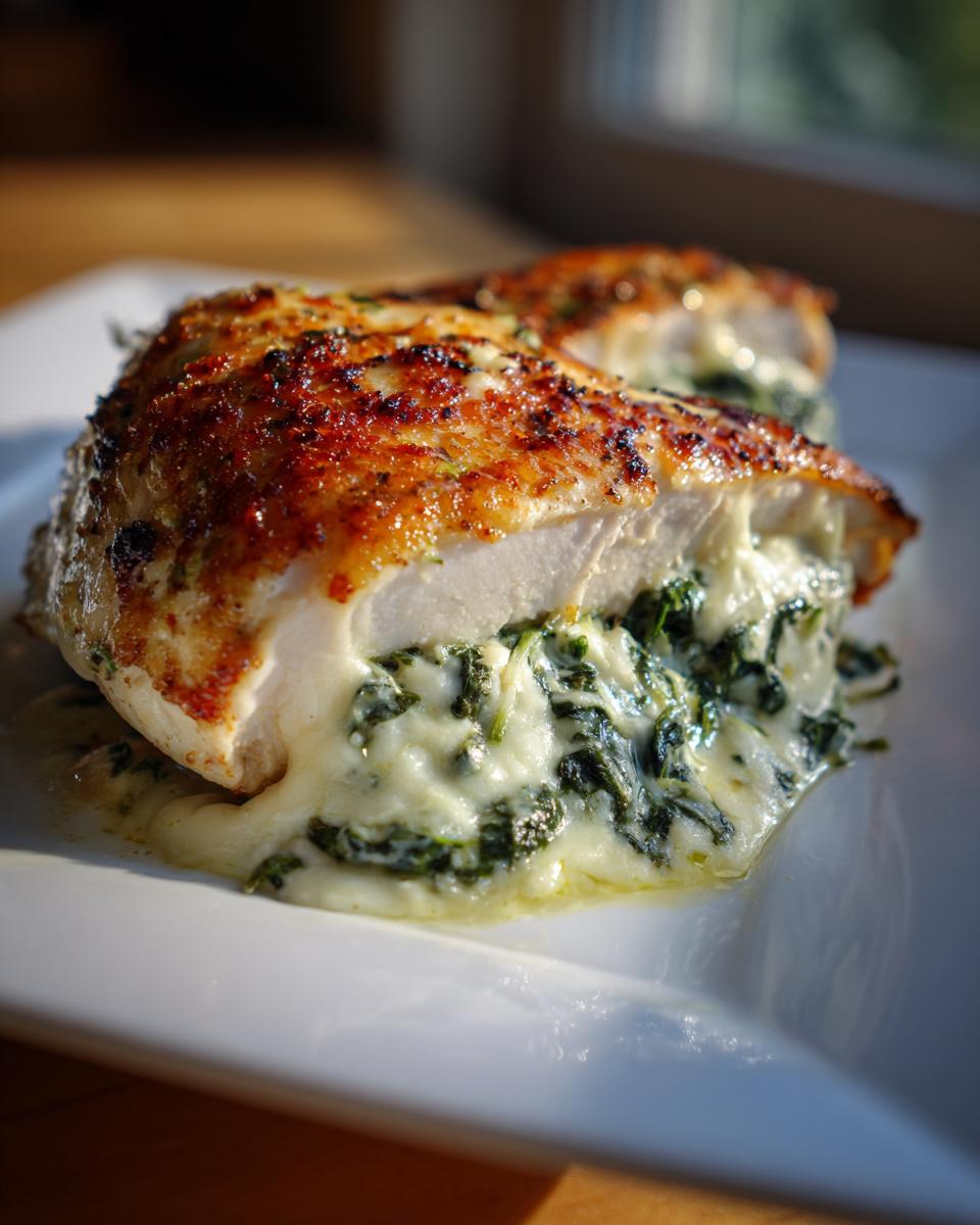 Close-up of a juicy Spinach & Cheese Stuffed Chicken breast, showing the golden-brown crust and creamy cheese filling.