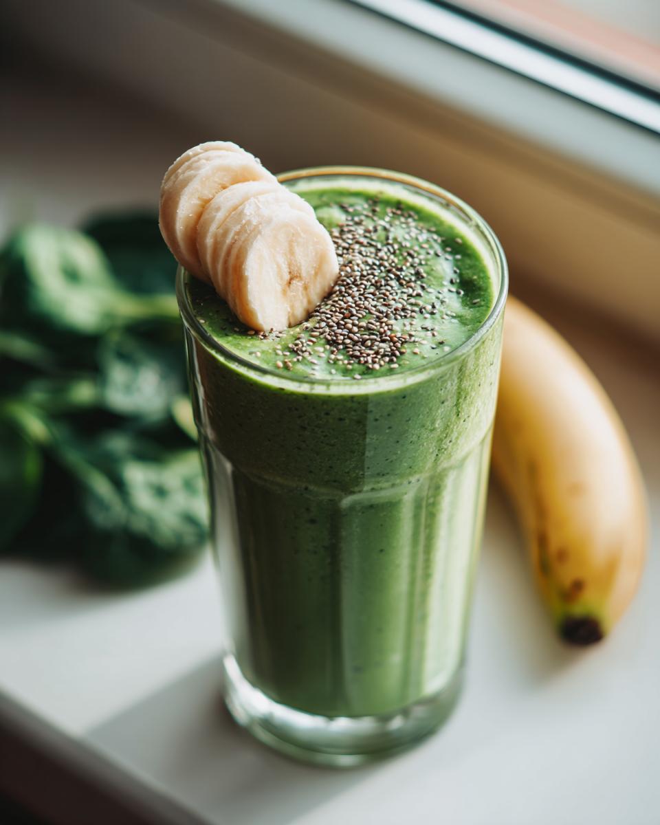 A vibrant green spinach smoothie in a glass, topped with banana slices and chia seeds.