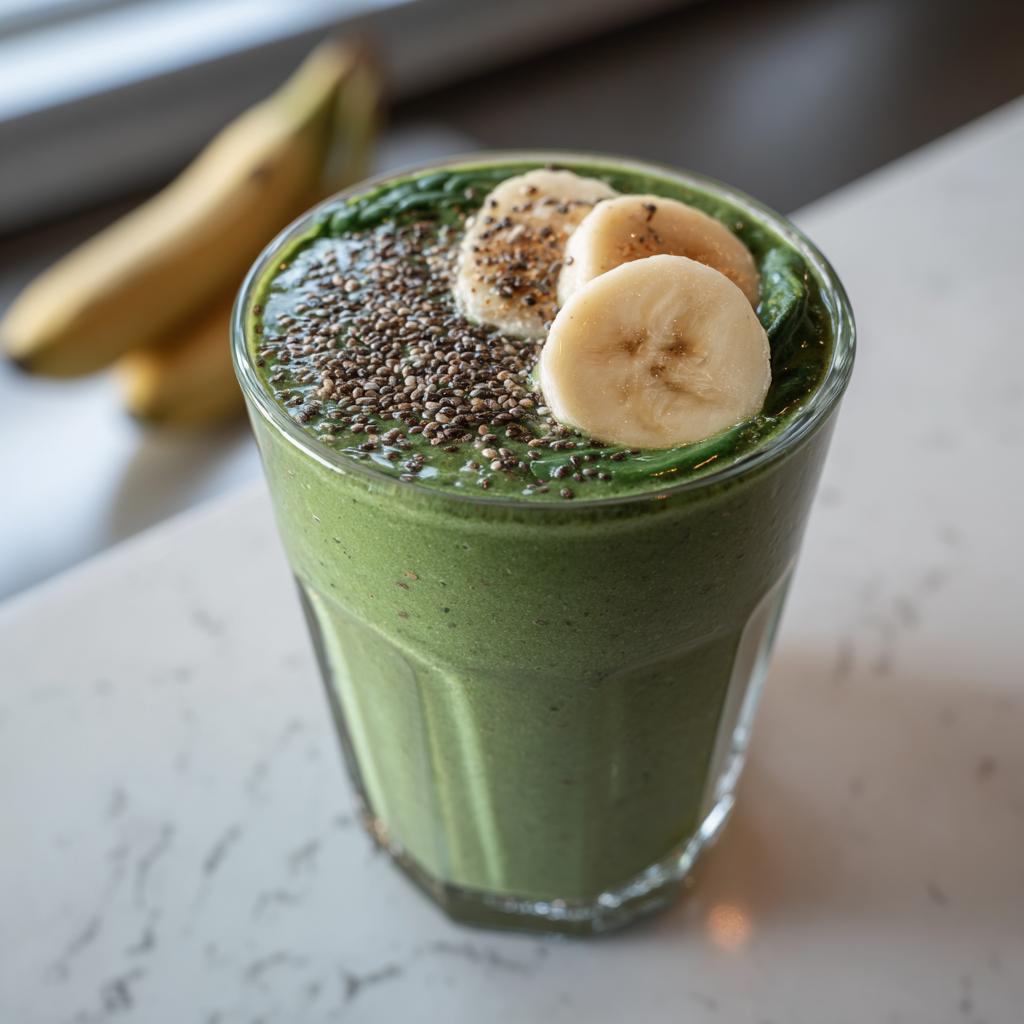 A vibrant green spinach smoothie in a glass, topped with banana slices and chia seeds.