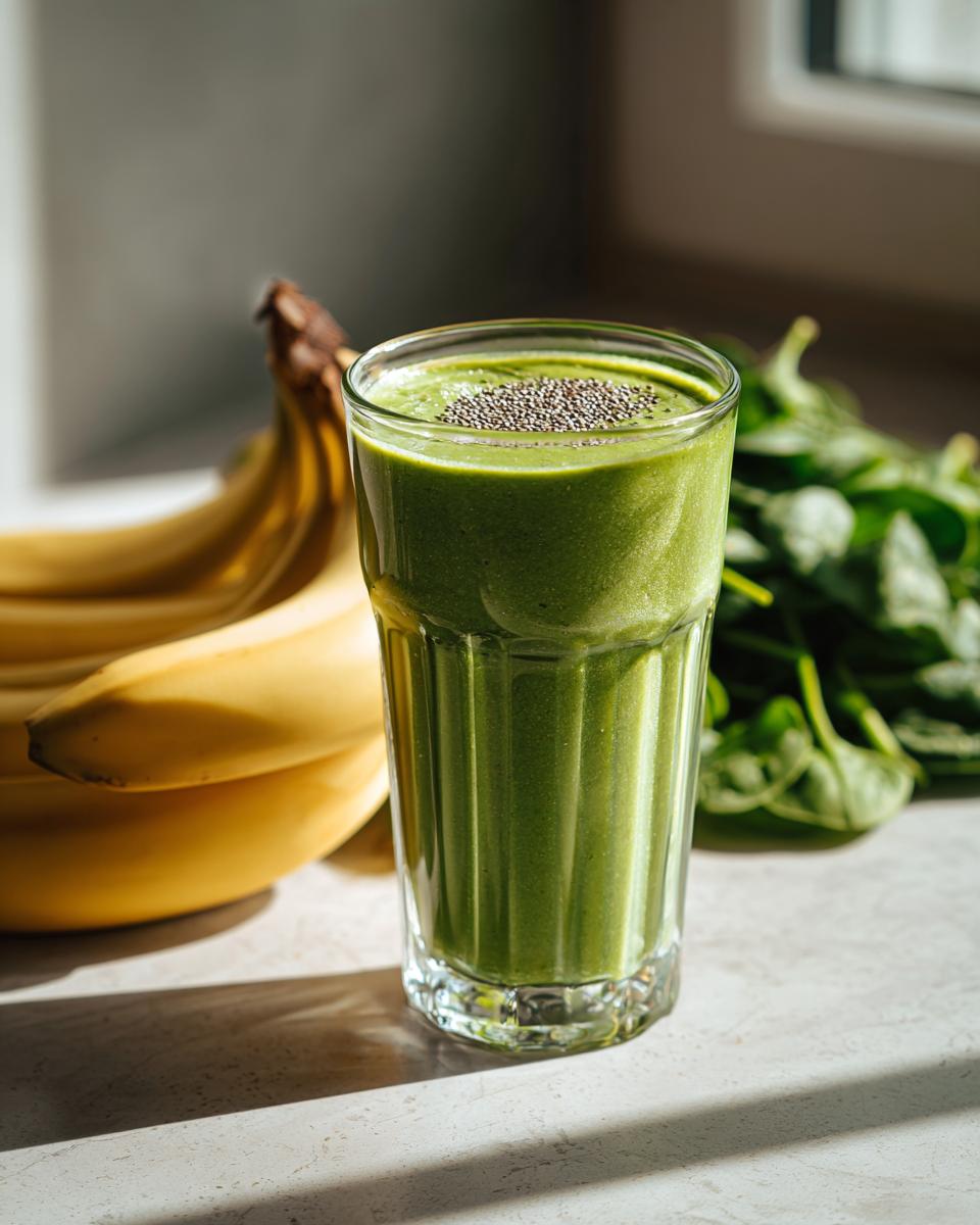 A vibrant green spinach smoothie in a glass, topped with chia seeds, with bananas and spinach in the background.