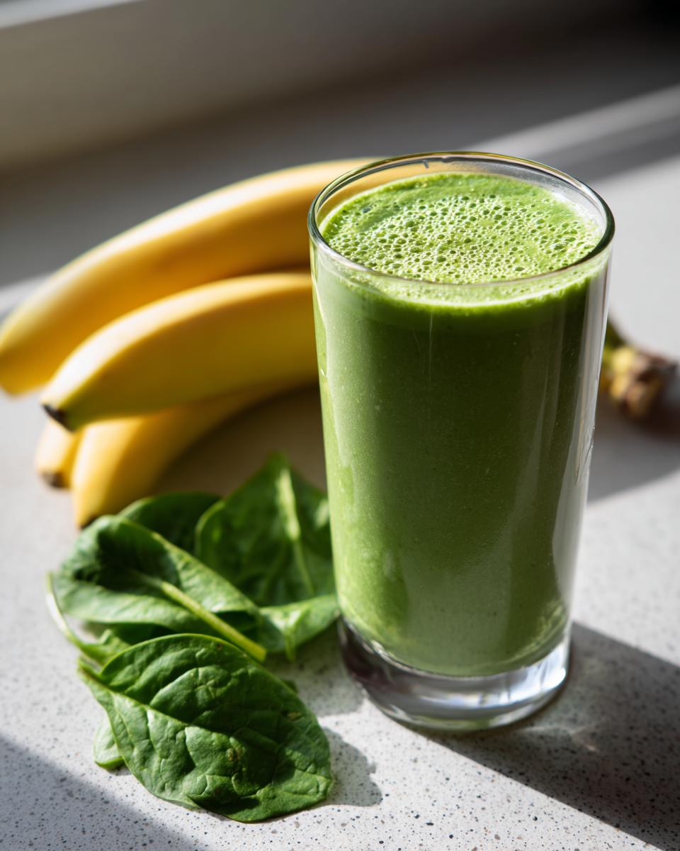 A vibrant green spinach smoothie in a glass, with bananas and spinach leaves nearby.
