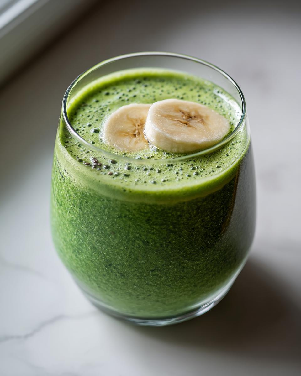 A vibrant green spinach smoothie in a glass, garnished with two banana slices.