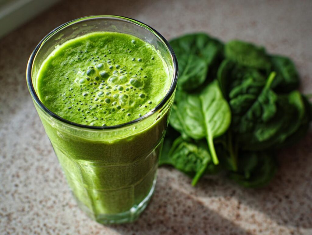 A vibrant green spinach smoothie in a glass, with fresh spinach leaves in the background.