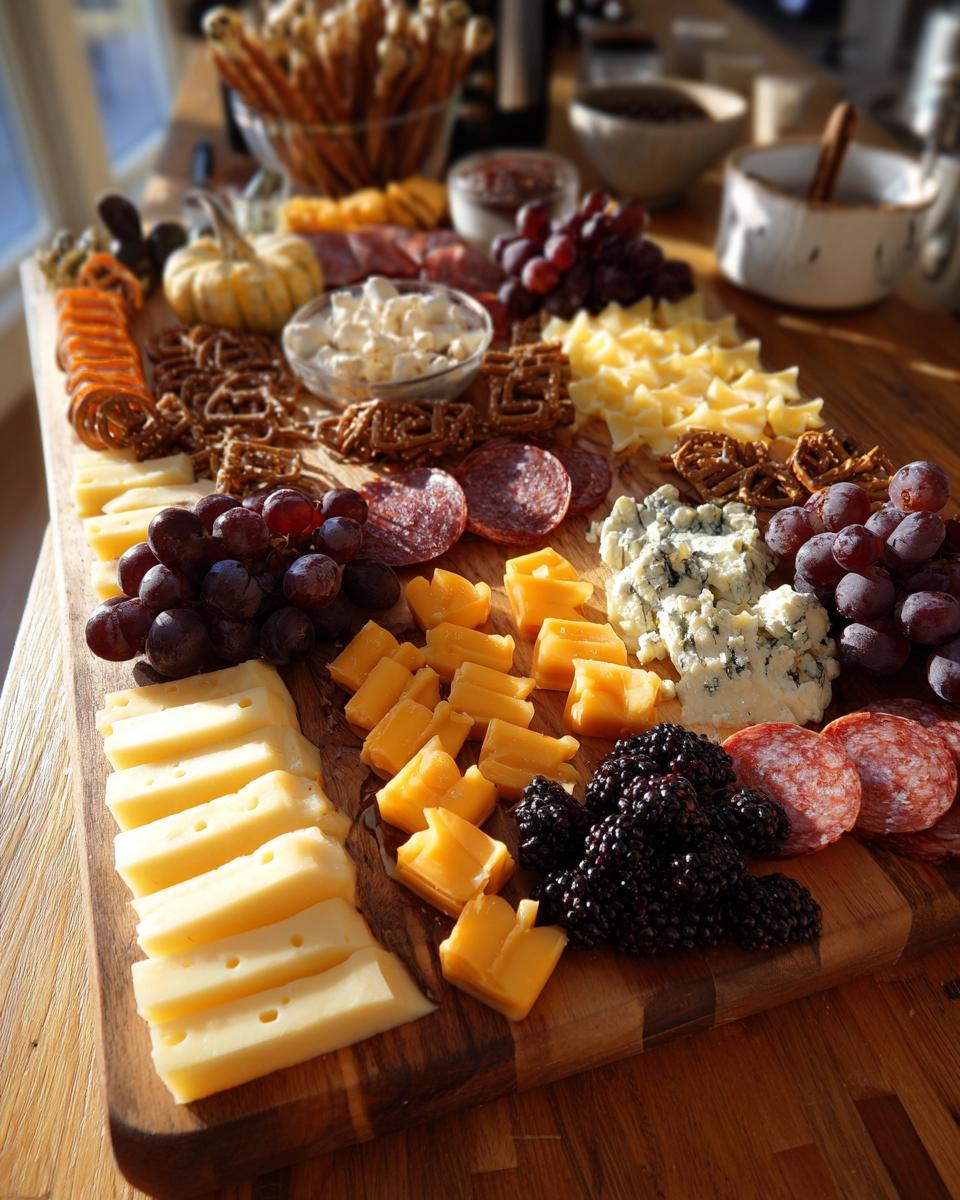 A Spooky Halloween Charcuterie Board filled with various cheeses, salami, grapes, blackberries, pretzels, and a small pumpkin.
