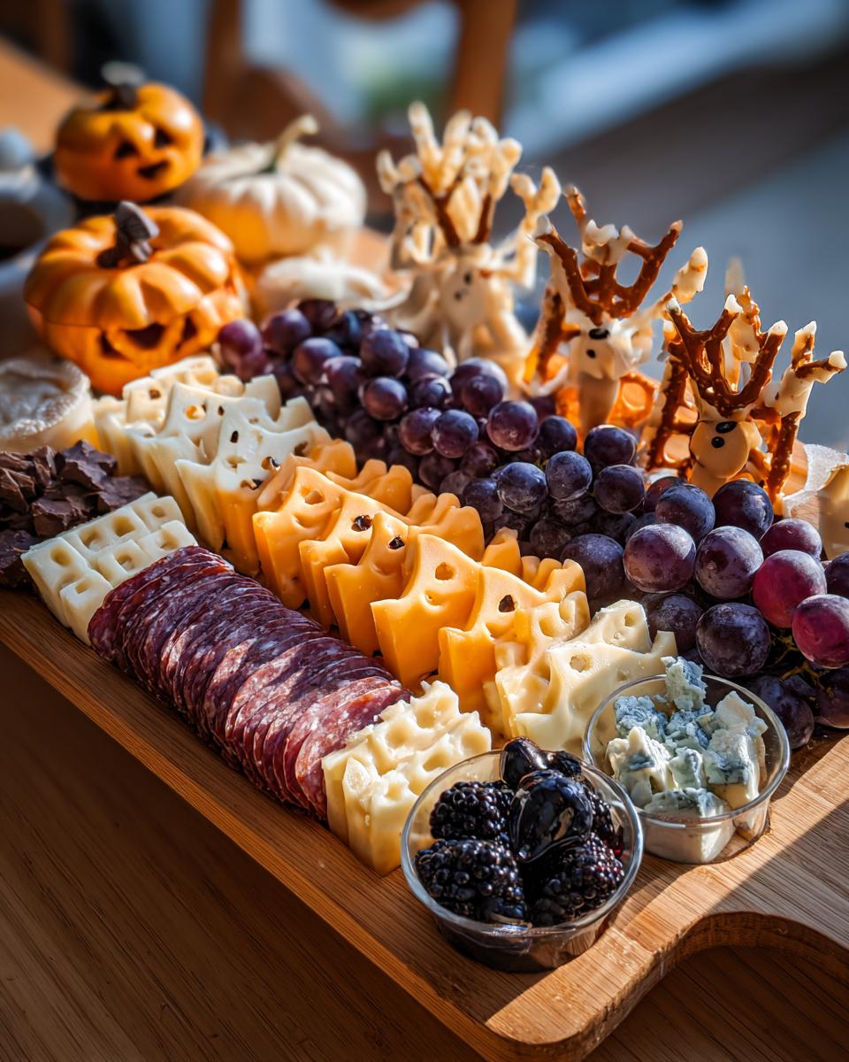 A Spooky Halloween Charcuterie Board featuring carved cheese, salami, grapes, blackberries, and festive pumpkin decorations.