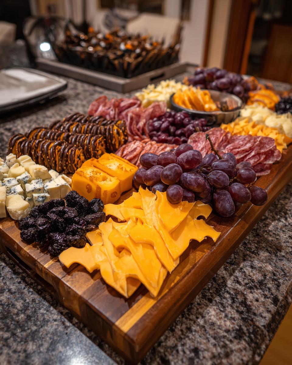A Spooky Halloween Charcuterie Board filled with an assortment of cheeses, meats, crackers, grapes, and dried berries.