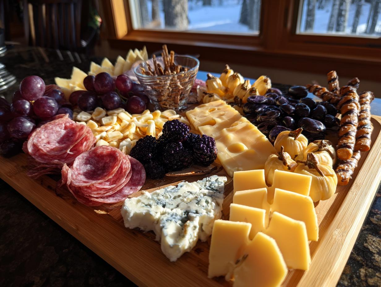 A Spooky Halloween Charcuterie Board featuring an assortment of cheeses, salami, grapes, blackberries, pretzels, and small pumpkin decorations.