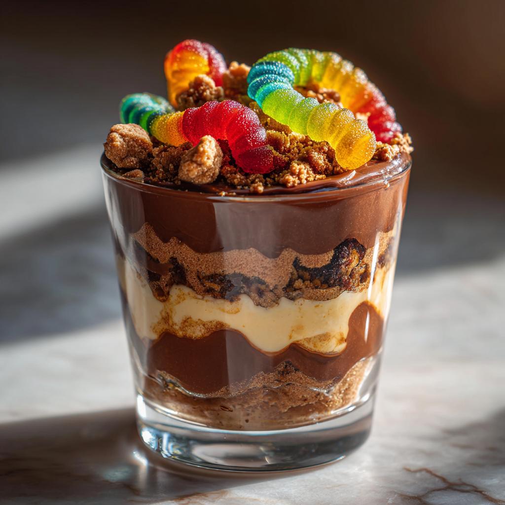 Close-up of Spooky Halloween Dirt Cups dessert in a glass, layered with chocolate pudding, cookie crumbs, and topped with gummy worms.