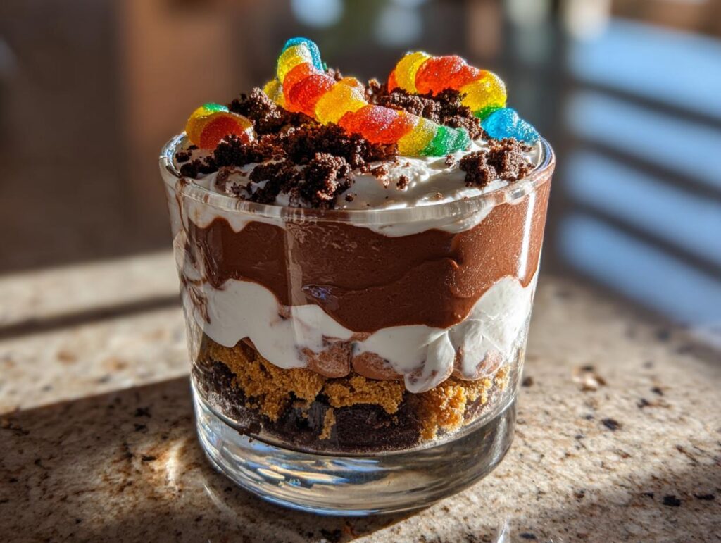 A clear glass filled with Spooky Halloween Dirt Cups, layered with chocolate pudding, whipped cream, crushed cookies, and topped with gummy worms.