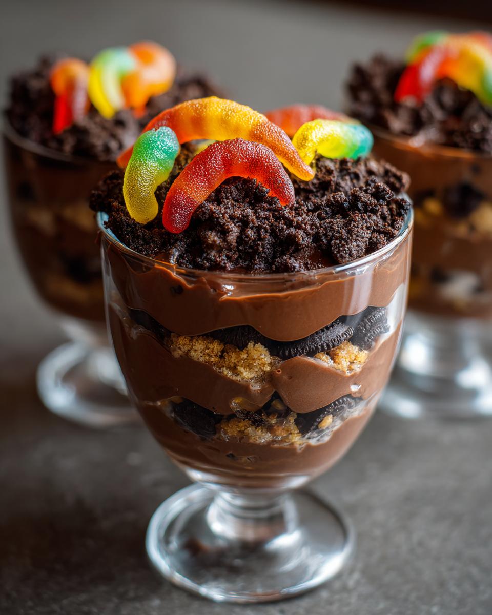 Close-up of Spooky Halloween Dirt Cups layered with chocolate pudding, crushed cookies, and topped with gummy worms.