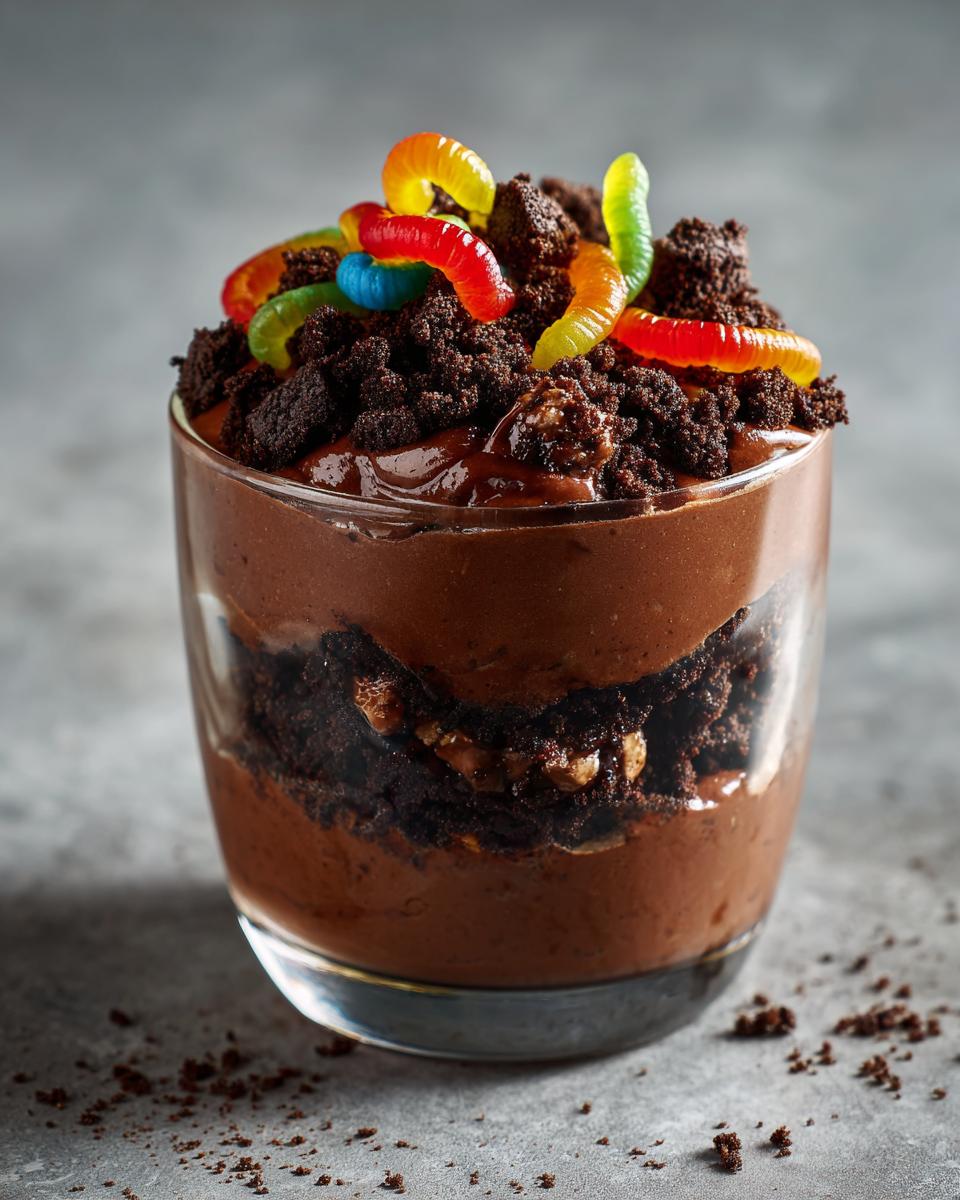Close-up of Spooky Halloween Dirt Cups dessert in a glass, topped with chocolate cookie crumbs and colorful gummy worms.