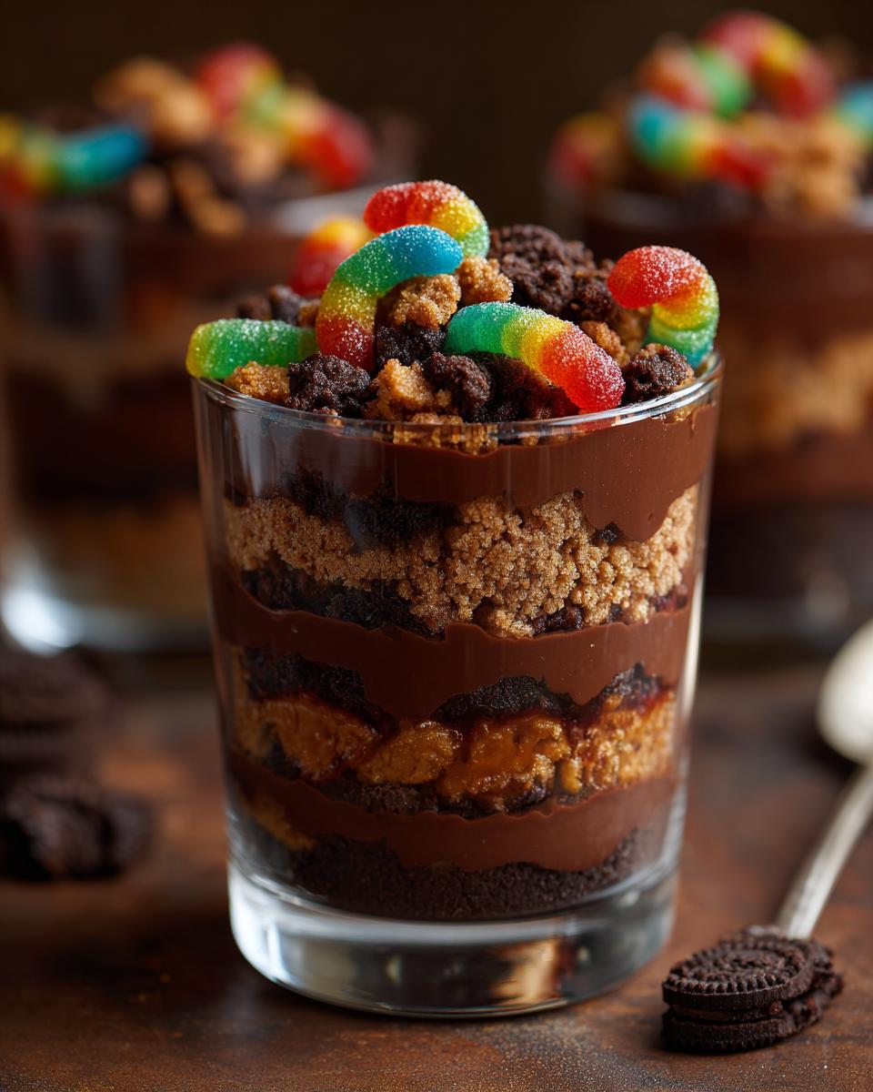 Close-up of Spooky Halloween Dirt Cups layered with chocolate pudding, cookie crumbs, and gummy worms.