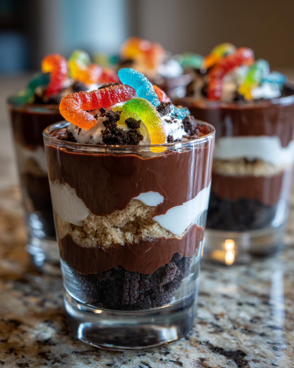 Close-up of Spooky Halloween Dirt Cups layered with chocolate pudding, whipped cream, and cookie crumbs, topped with gummy worms.