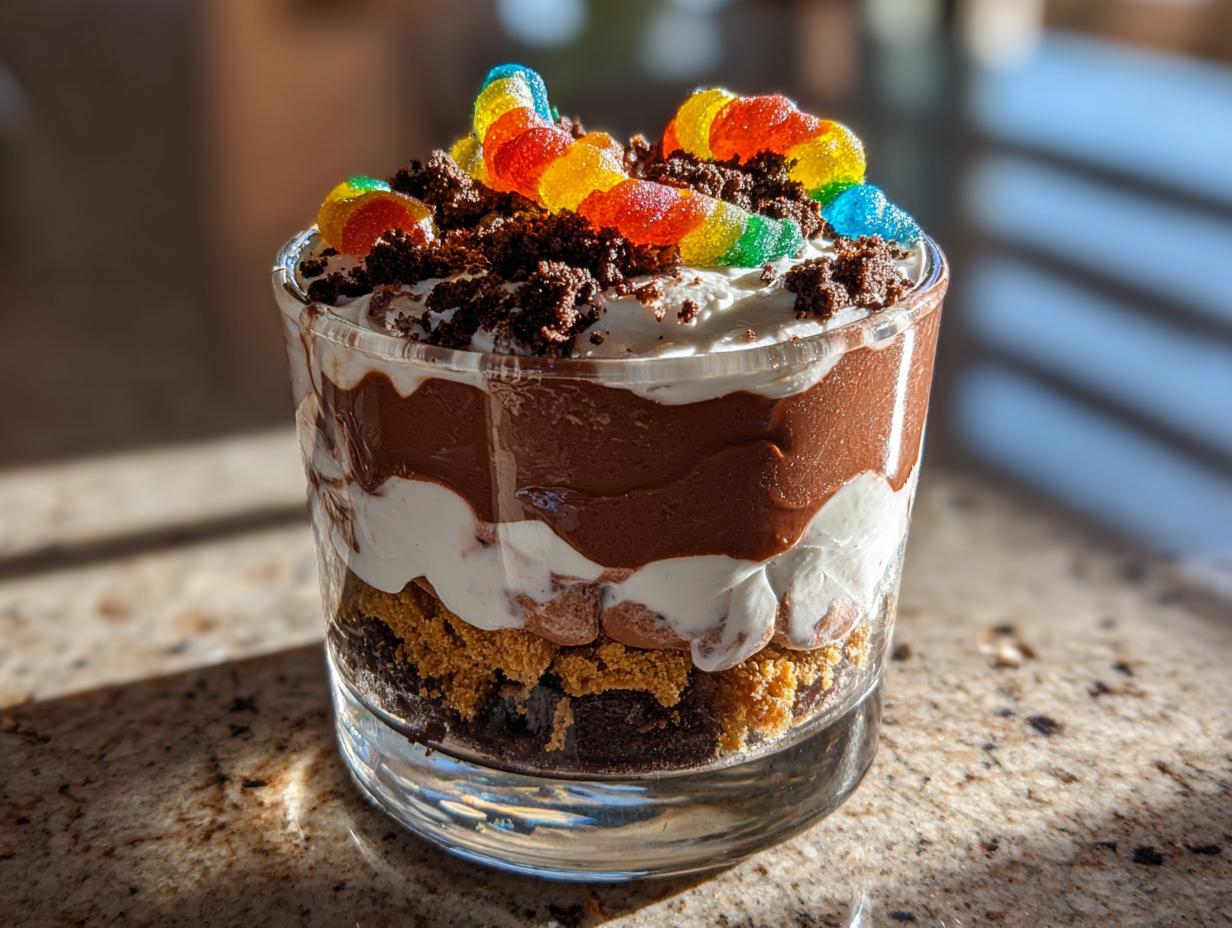 A clear glass filled with Spooky Halloween Dirt Cups, layered with chocolate pudding, whipped cream, crushed cookies, and topped with gummy worms.