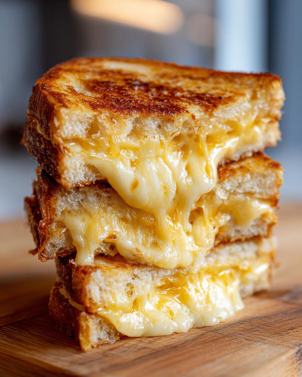 A stack of three golden brown grilled cheese sandwiches with melted cheese oozing out.