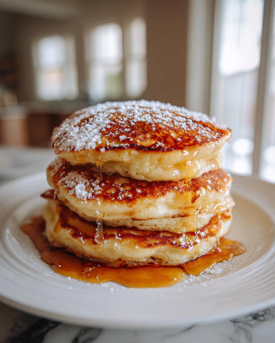 A stack of four pancakes drizzled with syrup and dusted with powdered sugar, for lemon dessert recipes.