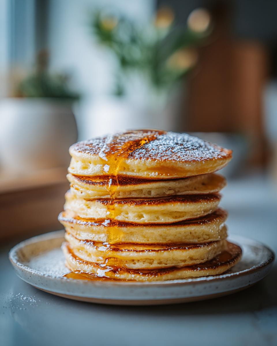 A stack of pancakes drizzled with syrup and dusted with powdered sugar, for lemon dessert recipes.