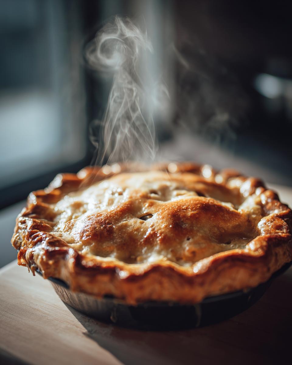 A freshly baked, steaming hot pie, perfect for comfort food dinners. Golden crust and savory filling visible.