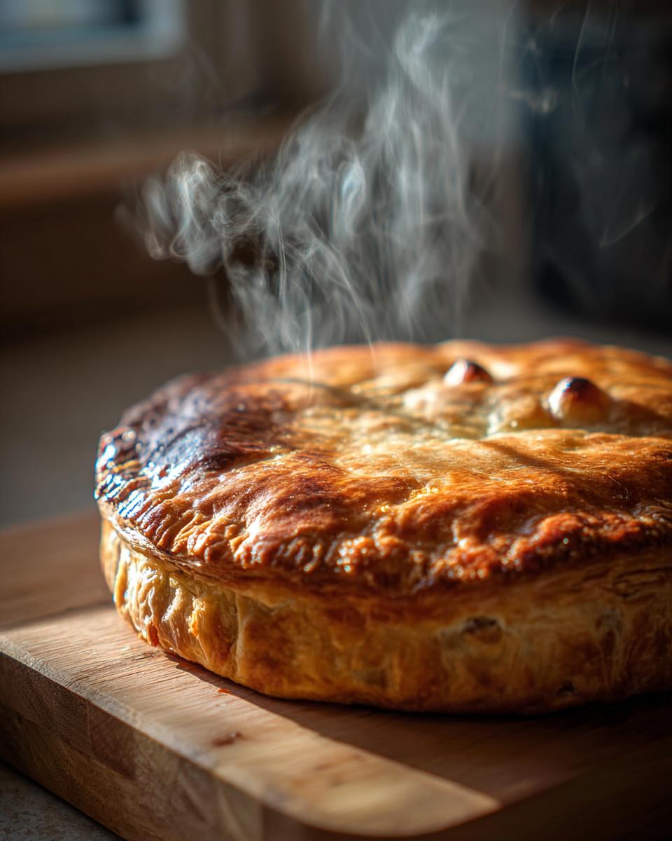 A freshly baked pie, steaming and golden brown, perfect for comfort food dinners. It sits on a wooden board.