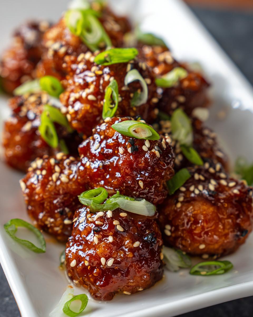 A platter of glazed Sticky Sesame Ginger Meatballs, garnished with sesame seeds and sliced green onions.