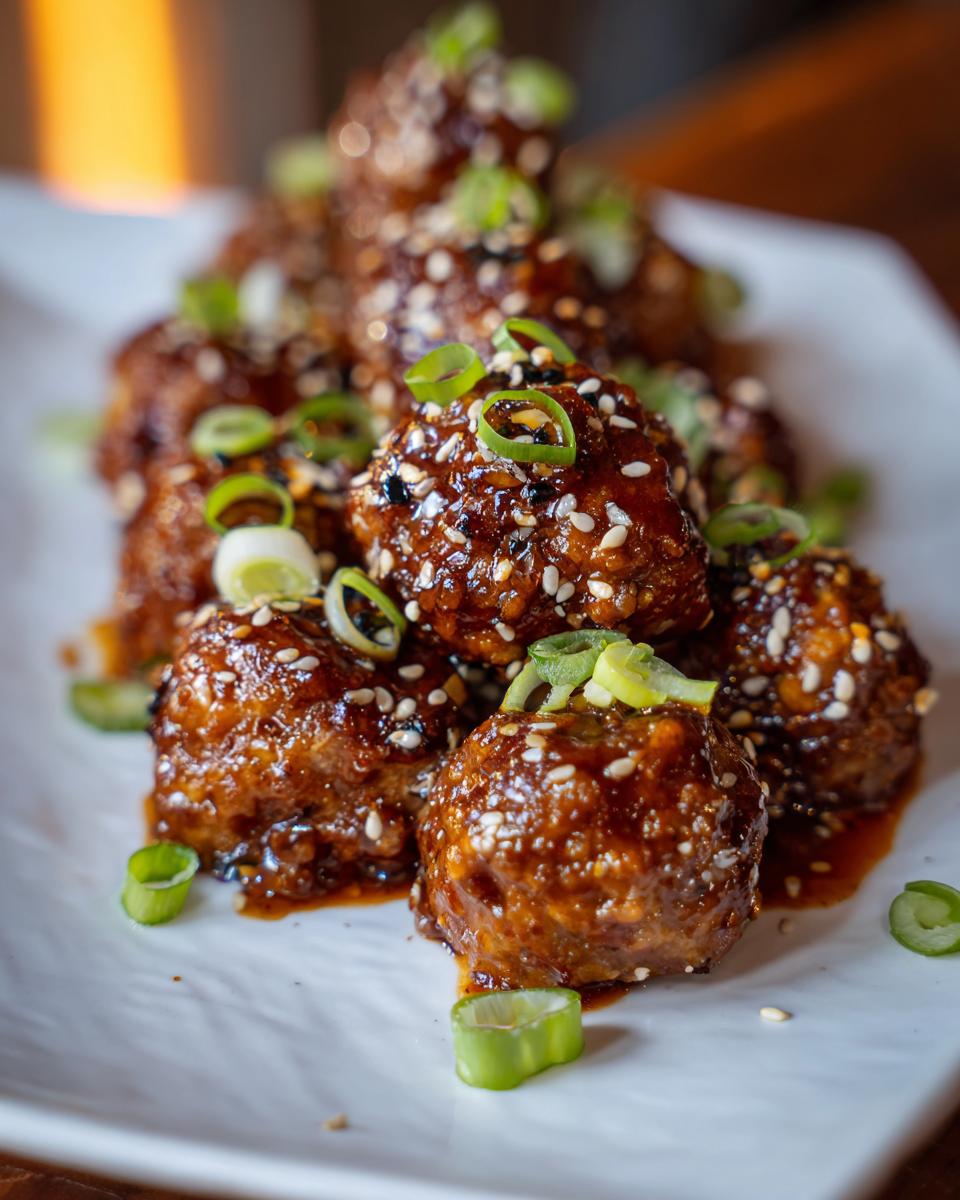 A pile of glazed Sticky Sesame Ginger Meatballs, garnished with sesame seeds and sliced green onions.