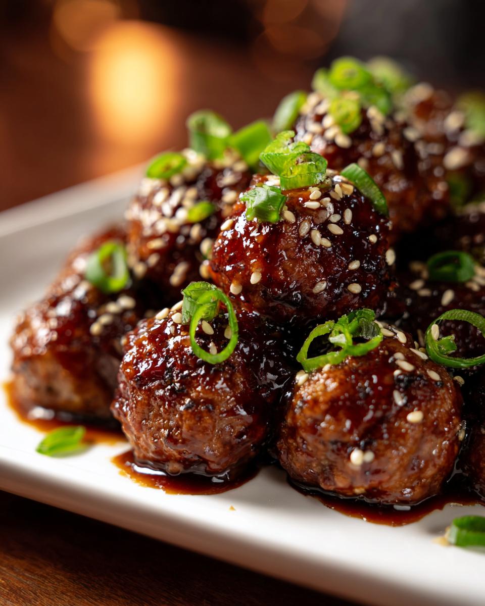 A pile of glazed Sticky Sesame Ginger Meatballs, garnished with sesame seeds and green onions, on a white plate.