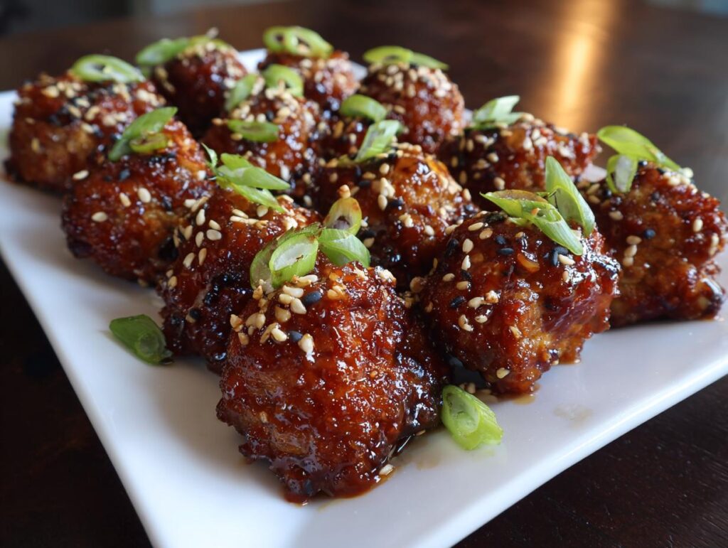 A platter of glazed Sticky Sesame Ginger Meatballs, garnished with sesame seeds and green onions.