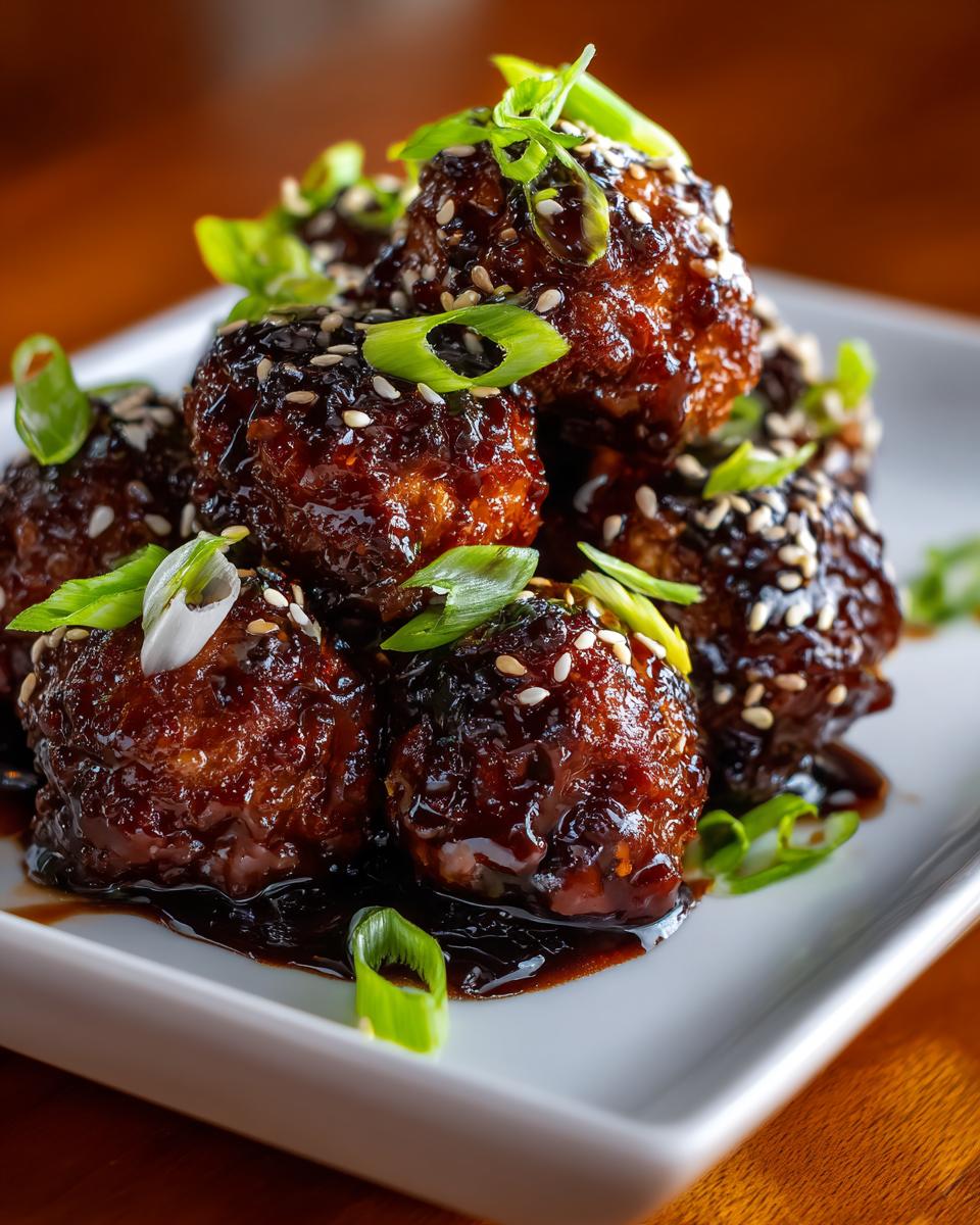 A stack of glazed Sticky Sesame Ginger Meatballs, garnished with sesame seeds and green onions on a white plate.