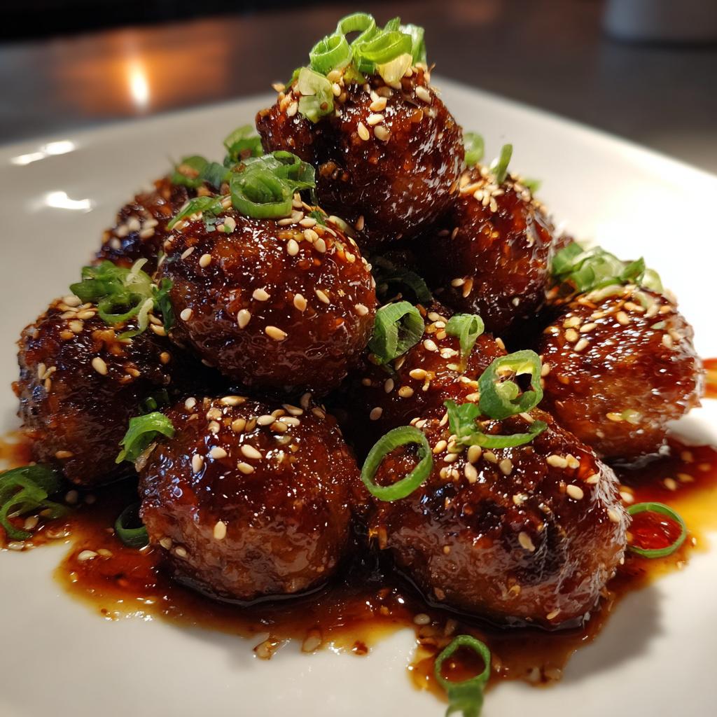 A pile of glistening Sticky Sesame Ginger Meatballs, garnished with sesame seeds and fresh scallions.