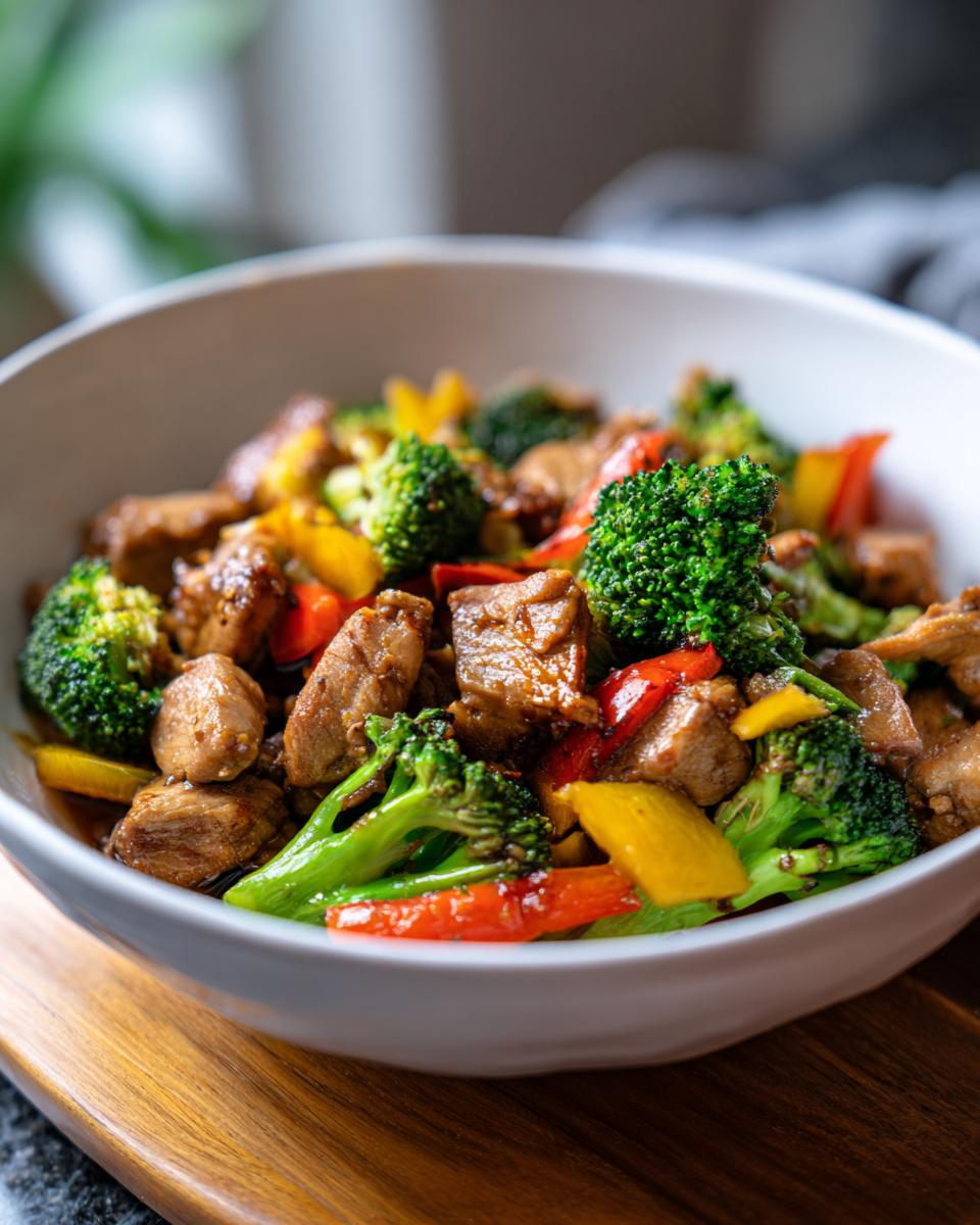 A bowl of stir-fried meat and vegetables, perfect for quick healthy dinners. Broccoli, peppers, and protein are visible.