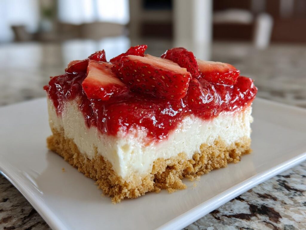 A delicious slice of Strawberry Shortcake Cheesecake Bars with a graham cracker crust, creamy cheesecake filling, and fresh strawberry topping.