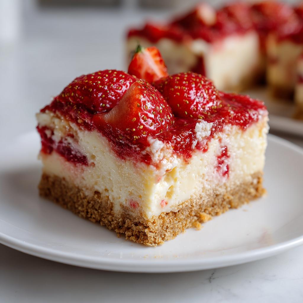 A close-up of a Strawberry Shortcake Cheesecake Bar slice on a white plate, topped with fresh strawberries and strawberry sauce.