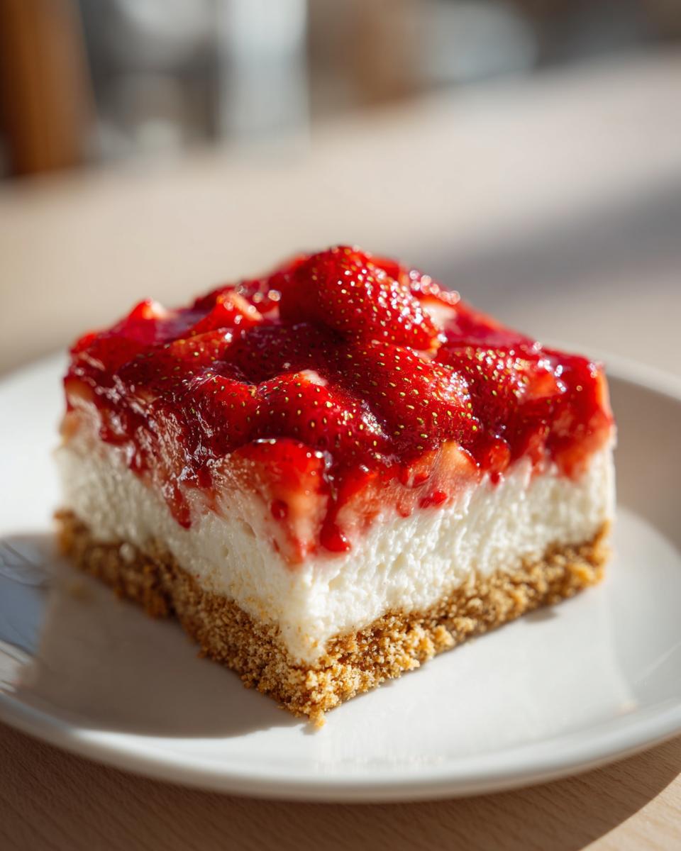 A delicious slice of Strawberry Shortcake Cheesecake Bars on a white plate, featuring a graham cracker crust, creamy cheesecake filling, and fresh strawberry topping.