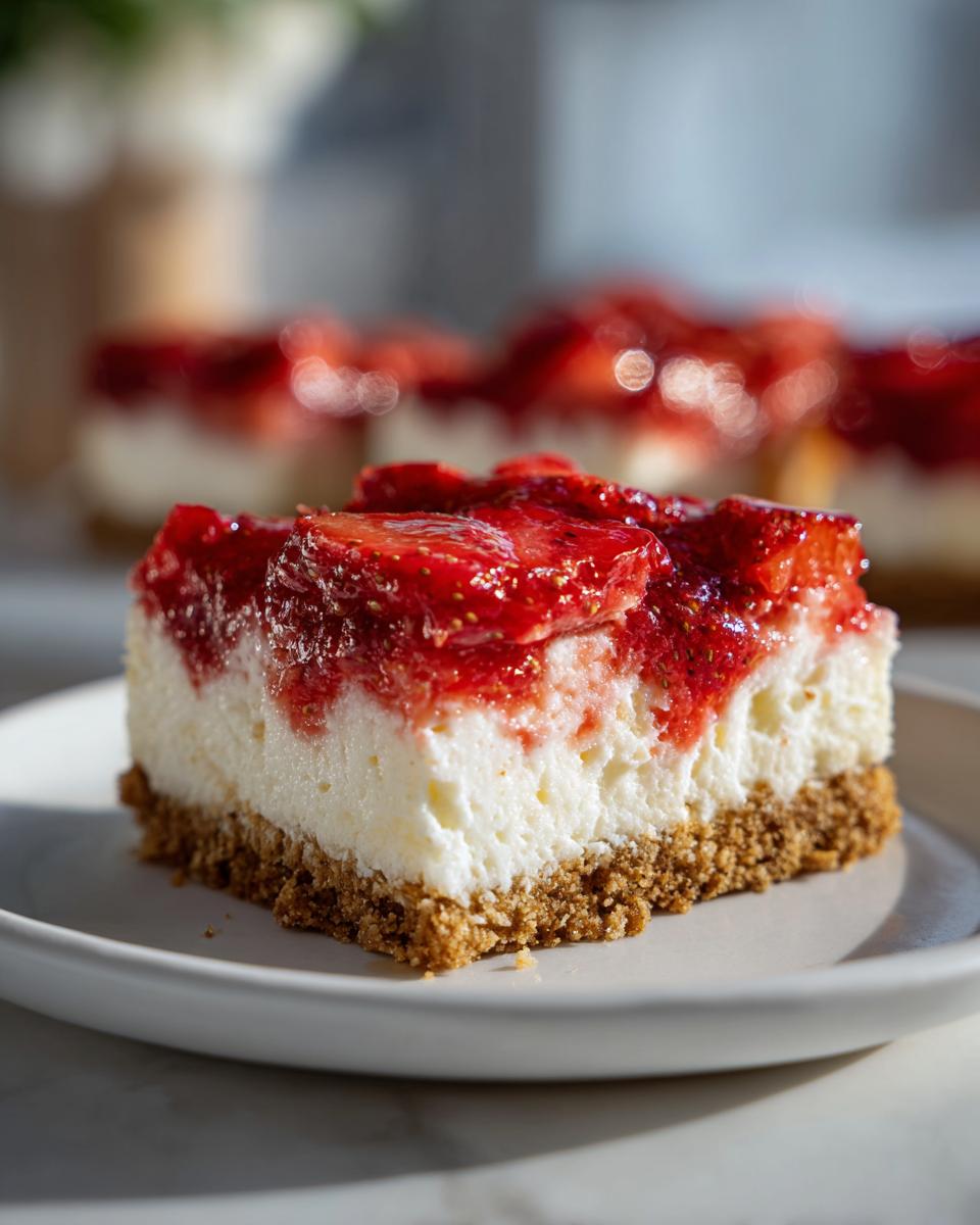 A close-up of a Strawberry Shortcake Cheesecake Bar slice on a white plate, showcasing the graham cracker crust, creamy cheesecake filling, and fresh strawberry topping.