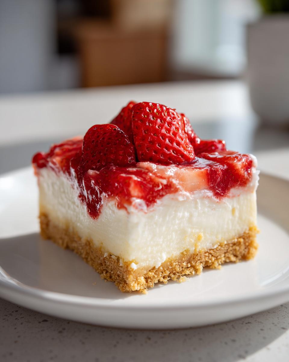 A delicious slice of Strawberry Shortcake Cheesecake Bars topped with fresh strawberries and strawberry glaze on a white plate.