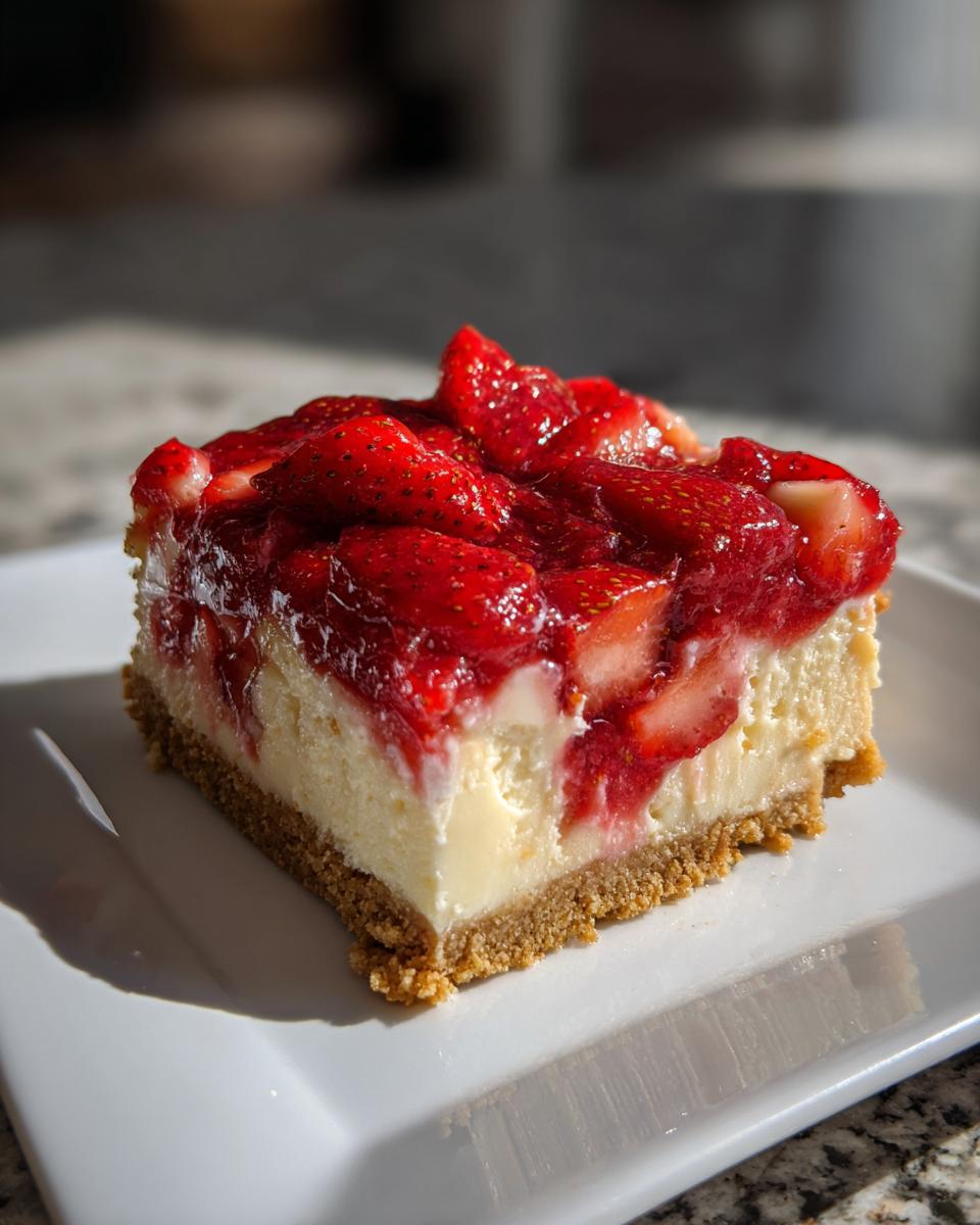 A close-up of a single slice of Strawberry Shortcake Cheesecake Bars on a white plate, showcasing the creamy cheesecake, graham cracker crust, and fresh strawberry topping.