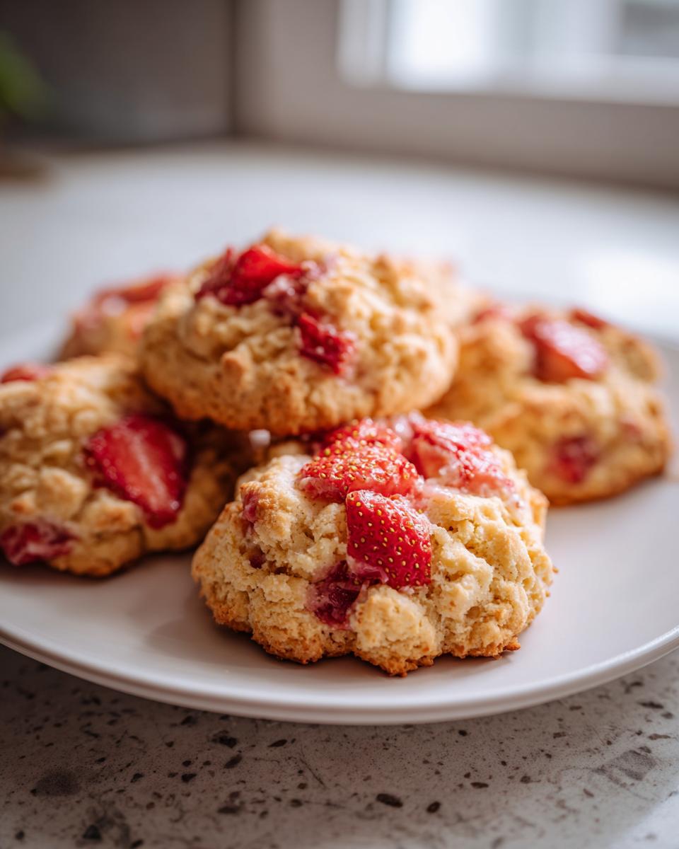 Close-up of several Strawberry Shortcake Crumble Cookies on a white plate, showcasing fresh strawberry pieces.