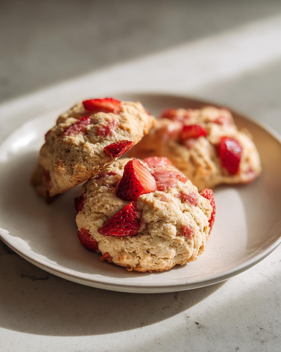 Close-up of three Strawberry Shortcake Crumble Cookies on a plate, topped with fresh strawberry pieces.