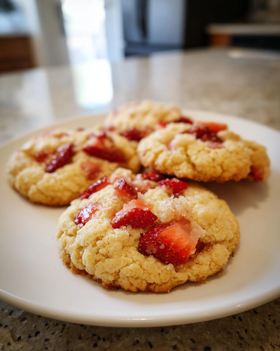 Close-up of delicious Strawberry Shortcake Crumble Cookies topped with fresh strawberries and sugar.