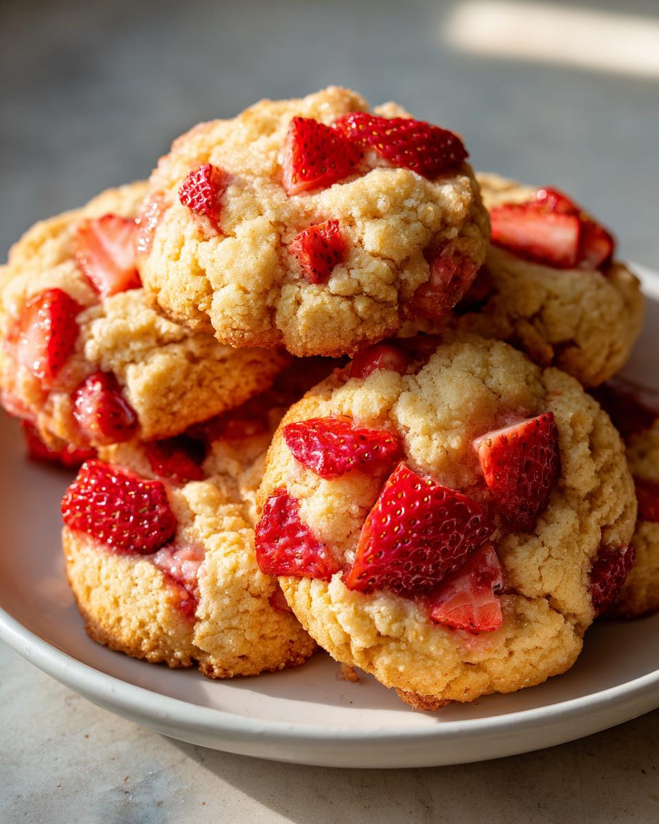 Close-up of a stack of delicious Strawberry Shortcake Crumble Cookies studded with fresh strawberry pieces.