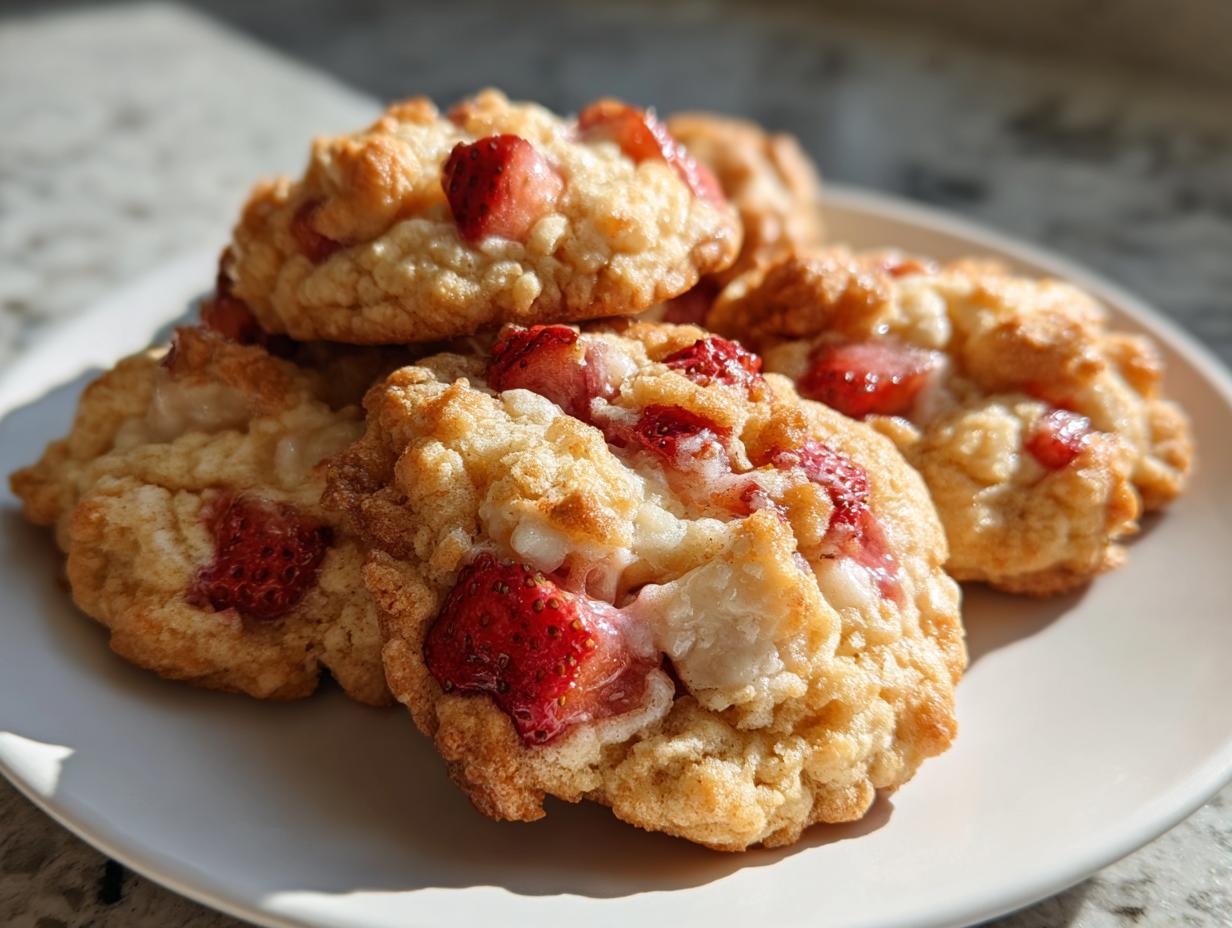 Close-up of fresh Strawberry Shortcake Crumble Cookies on a white plate, showing chunks of strawberries.
