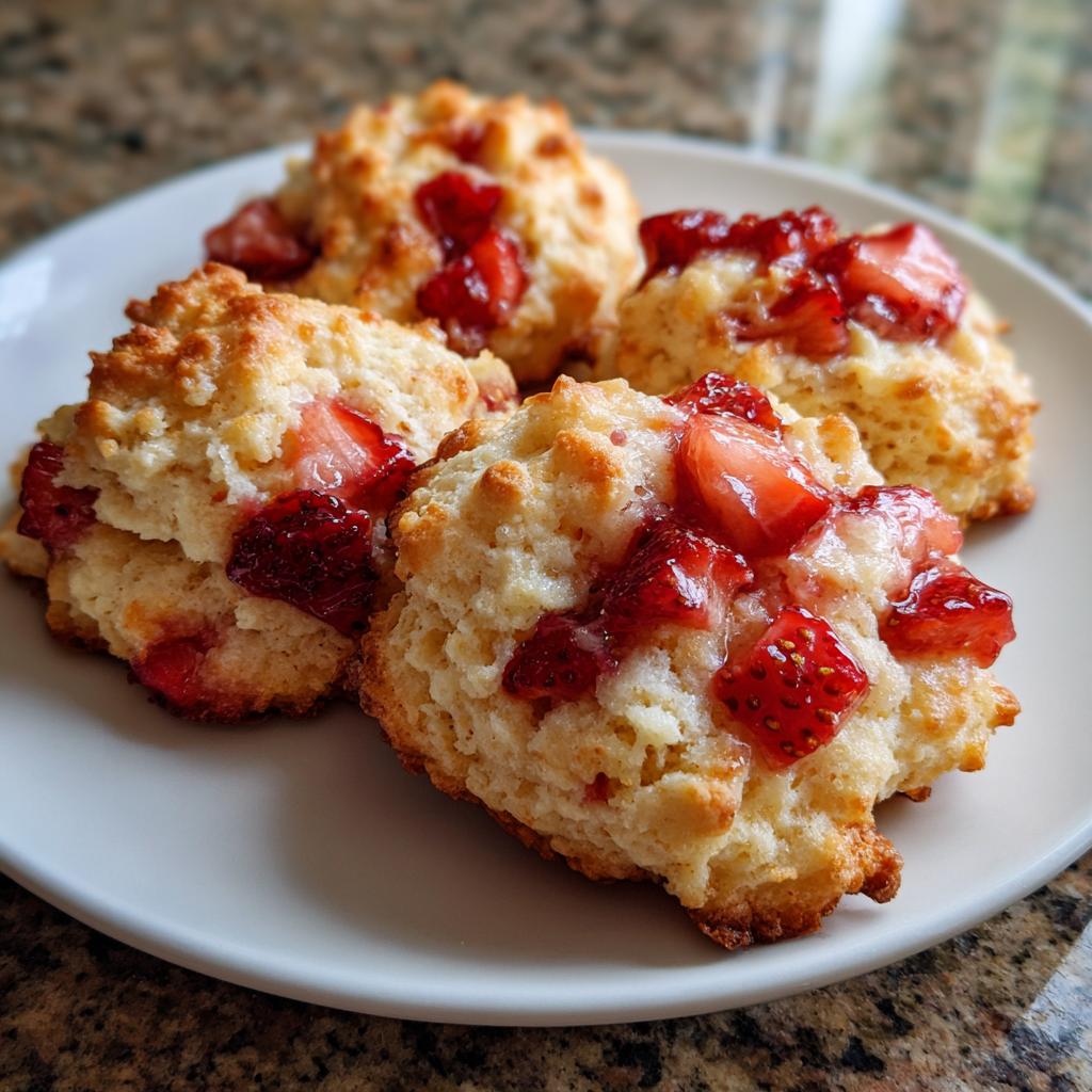 Close-up of four Strawberry Shortcake Crumble Cookies topped with fresh strawberries on a white plate.