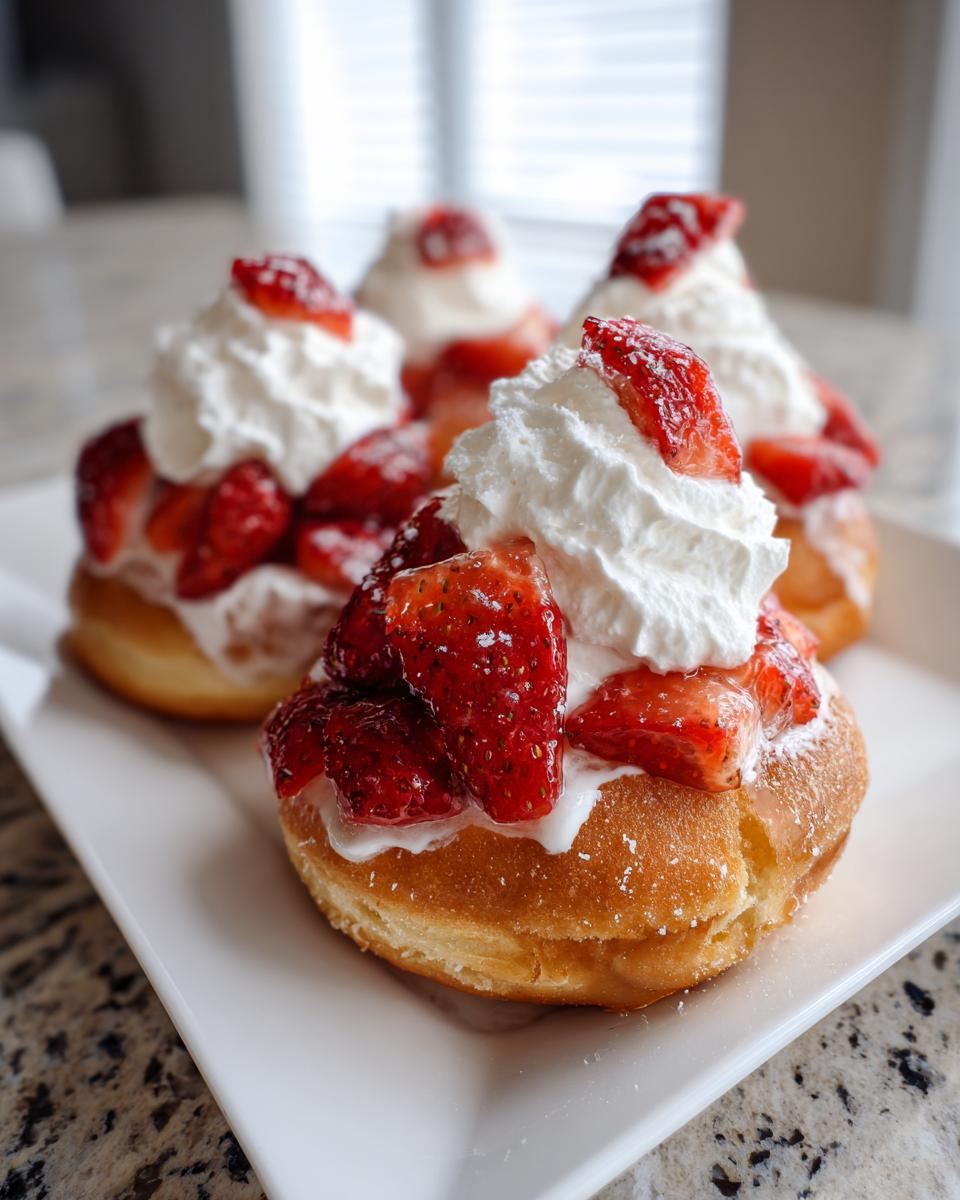 Close-up of Strawberry Shortcake Donuts topped with fresh strawberries and whipped cream on a white plate.