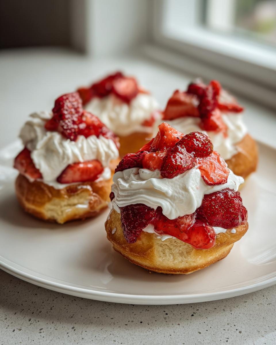 Close-up of a plate with four Strawberry Shortcake Donuts topped with whipped cream and fresh strawberries.