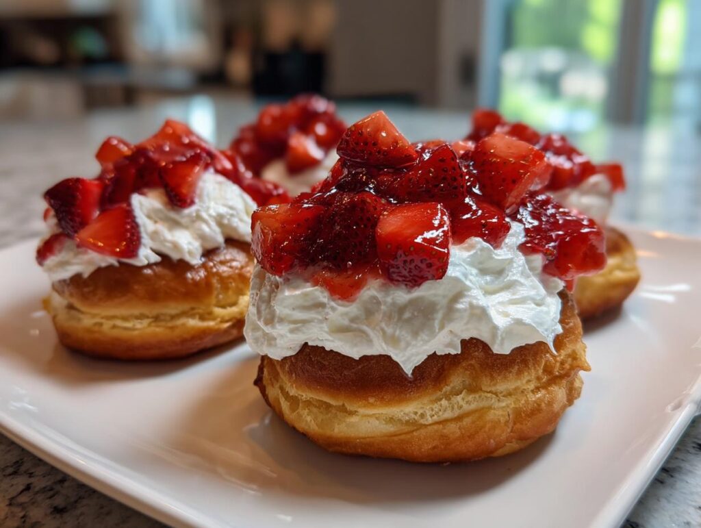 Close-up of two Strawberry Shortcake Donuts topped with whipped cream and fresh strawberries.